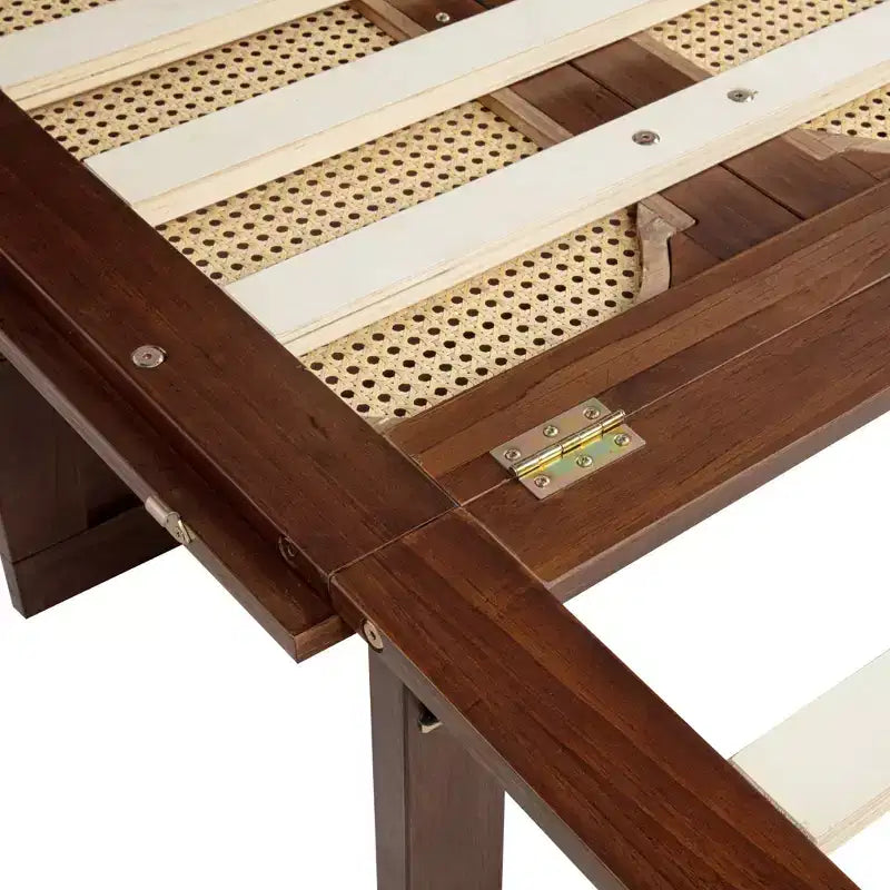 Letto a scomparsa Queen con cassetto, stazione di ricarica e pannello in rattan – Espresso/Noce, 2 posti letto