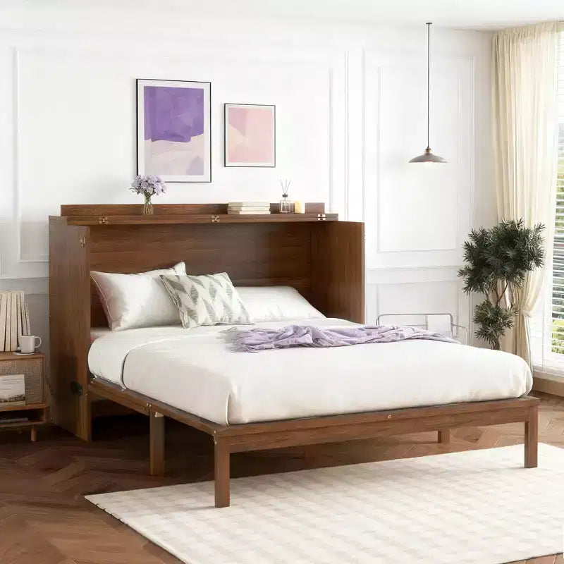 Letto a scomparsa Queen con cassetto, stazione di ricarica e pannello in rattan – Espresso/Noce, 2 posti letto