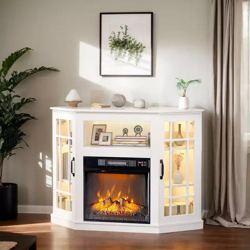 Mobile TV ad angolo bianco in stile rustico per TV fino a 55" con caminetto elettrico e ante in vetro