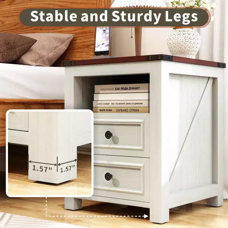 Comodino da Fattoria da 18" con Stazione di Ricarica, 2 Cassetti — Marrone Chiaro / Bianco, Set da 1–2