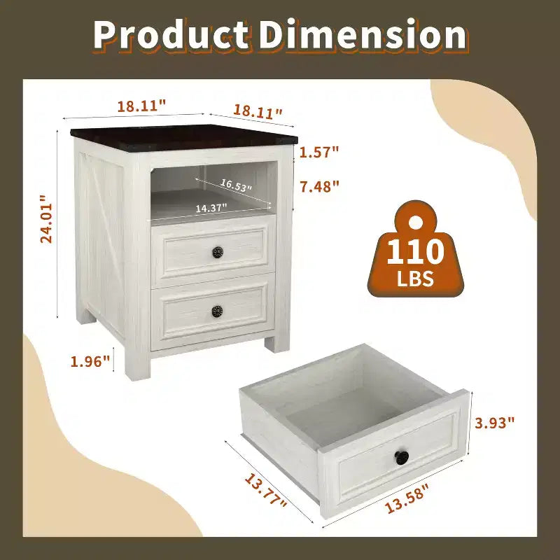 Comodino da Fattoria da 18" con Stazione di Ricarica, 2 Cassetti — Marrone Chiaro / Bianco, Set da 1–2