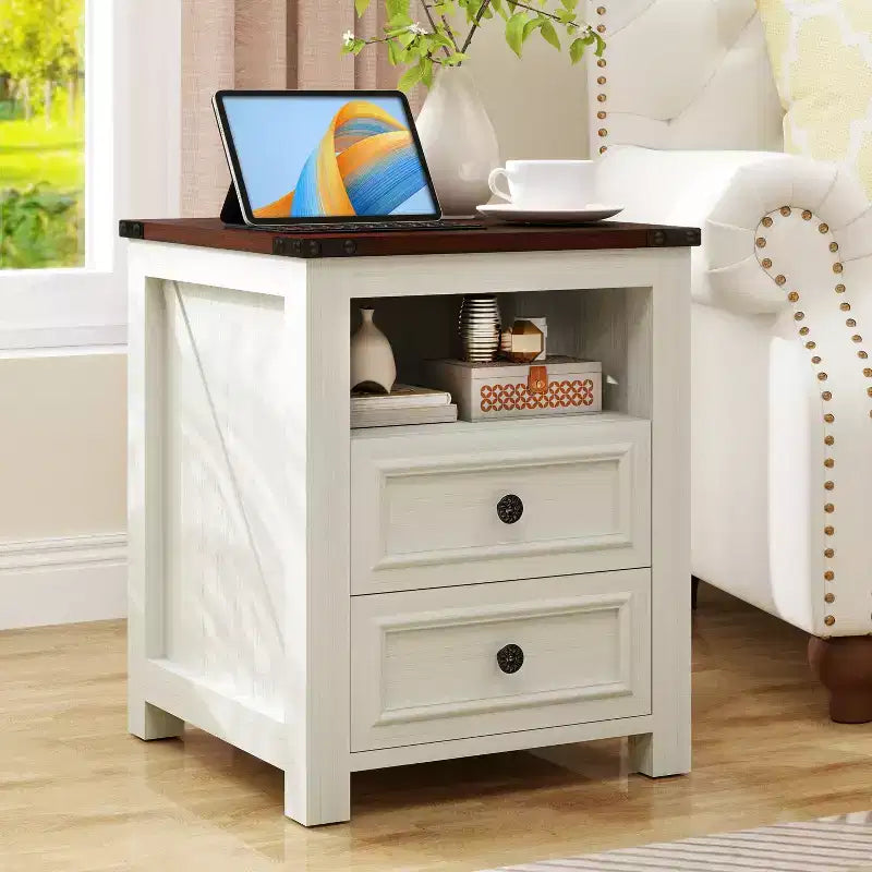 Comodino da Fattoria da 18" con Stazione di Ricarica, 2 Cassetti — Marrone Chiaro / Bianco, Set da 1–2