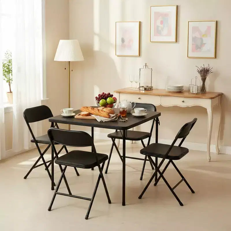 Set tavolo da pranzo pieghevole e 4 sedie, piano quadrato in PP, struttura in metallo, 4 posti a sedere