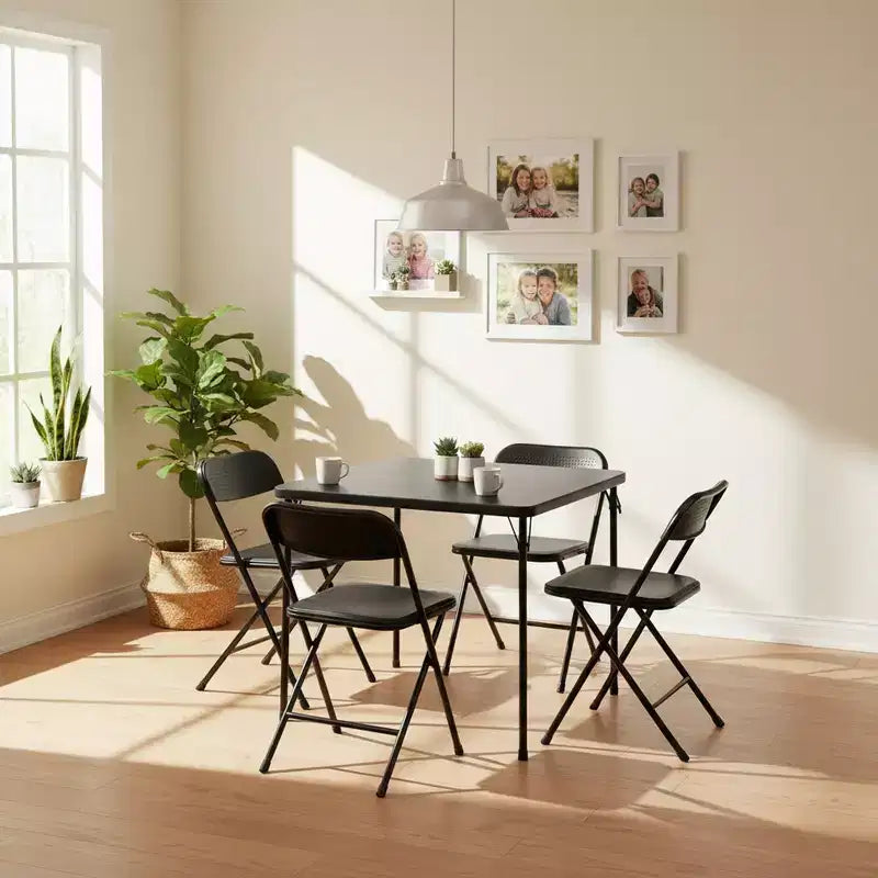 Set tavolo da pranzo pieghevole e 4 sedie, piano quadrato in PP, struttura in metallo, 4 posti a sedere