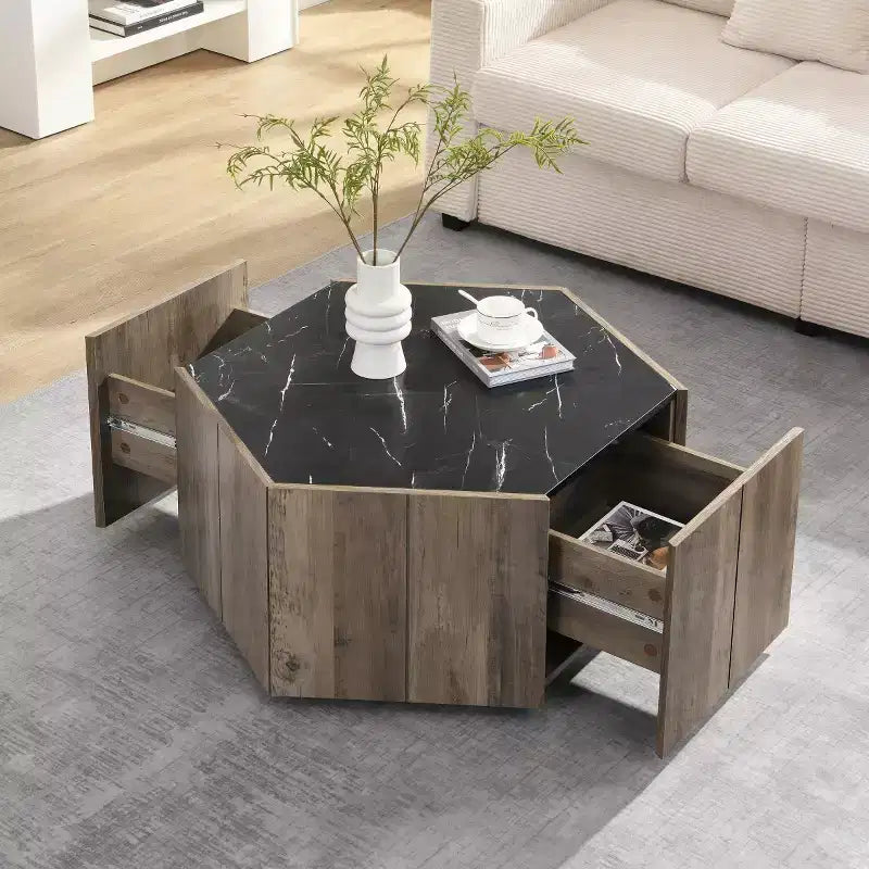 Tavolino esagonale con ripiano effetto marmo e cassetti a scomparsa — Nero/Bianco, 1 persona, Base con vano contenitore