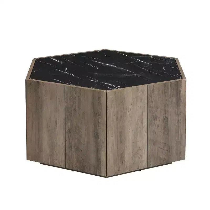 Tavolino esagonale con ripiano effetto marmo e cassetti a scomparsa — Nero/Bianco, 1 persona, Base con vano contenitore