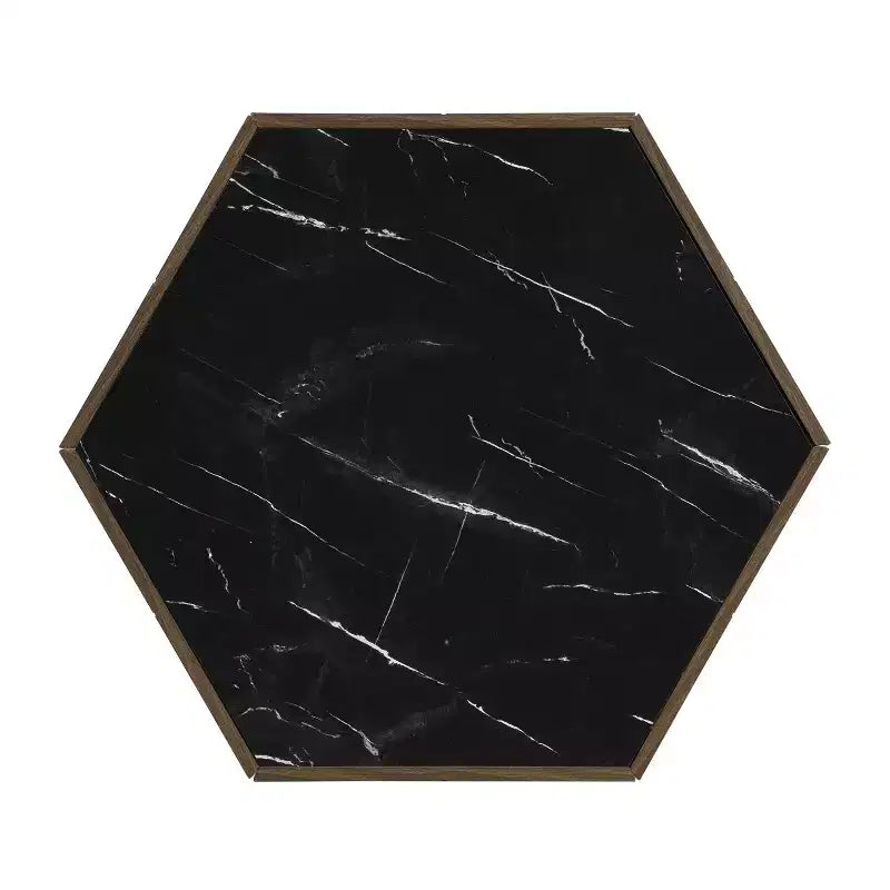 Tavolino esagonale con ripiano effetto marmo e cassetti a scomparsa — Nero/Bianco, 1 persona, Base con vano contenitore