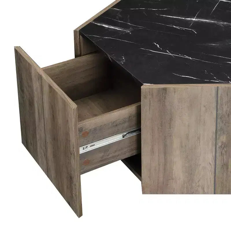 Tavolino esagonale con ripiano effetto marmo e cassetti a scomparsa — Nero/Bianco, 1 persona, Base con vano contenitore