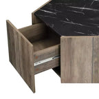 Tavolino esagonale con ripiano effetto marmo e cassetti a scomparsa — Nero/Bianco, 1 persona, Base con vano contenitore