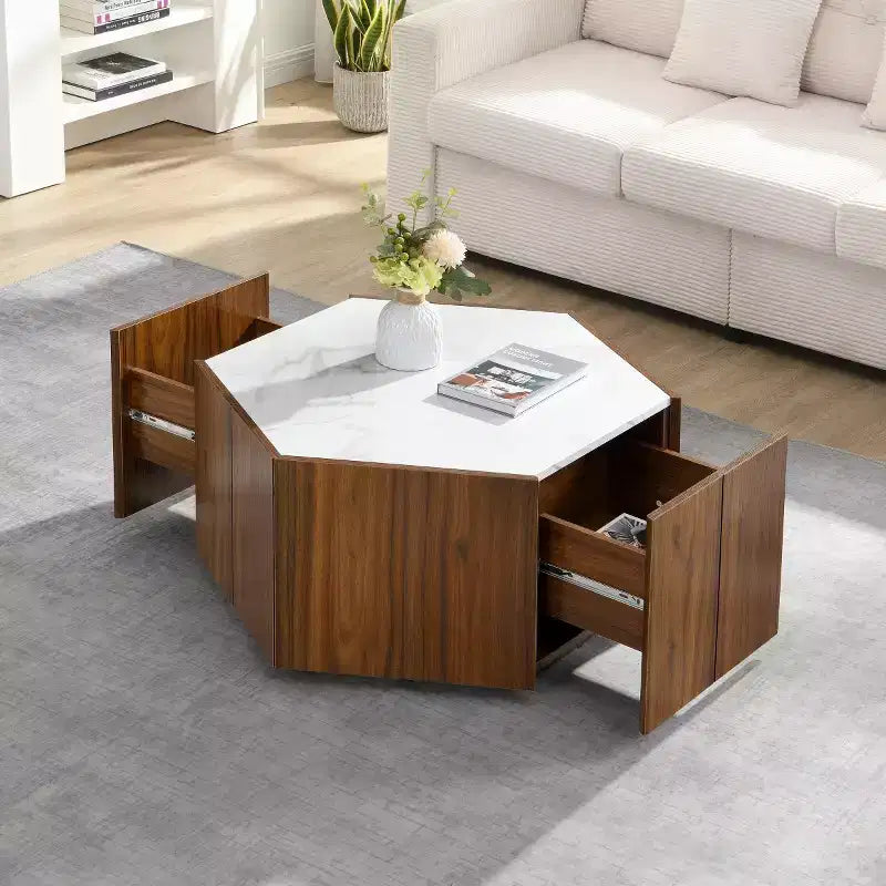Tavolino esagonale con ripiano effetto marmo e cassetti a scomparsa — Nero/Bianco, 1 persona, Base con vano contenitore