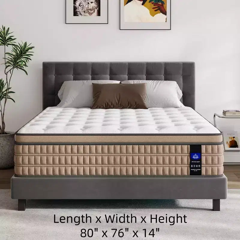 Materasso ibrido in memory foam da 14 pollici bianco e beige, King, 2 persone