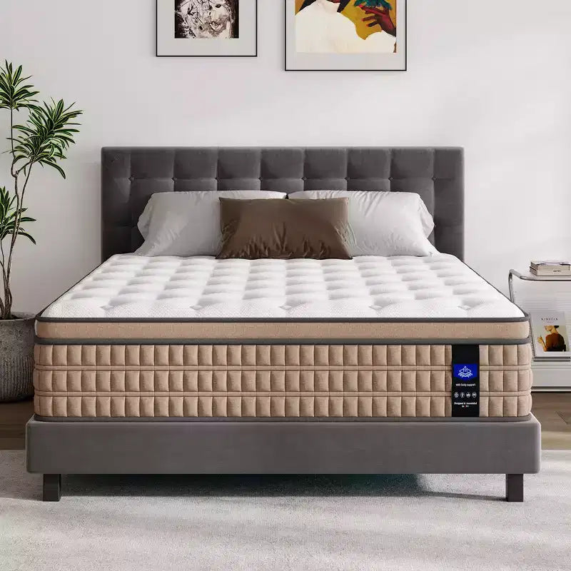 Materasso ibrido in memory foam da 14 pollici bianco e beige, King, 2 persone