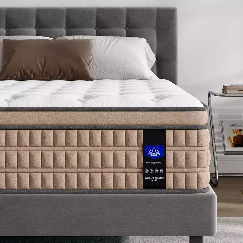 Materasso ibrido in memory foam da 14 pollici bianco e beige, King, 2 persone