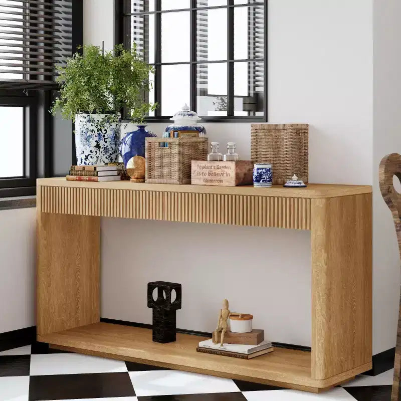 Consolle da 60" stile rustico con 2 cassetti scanalati e ripiano — Nero / Naturale / Noce
