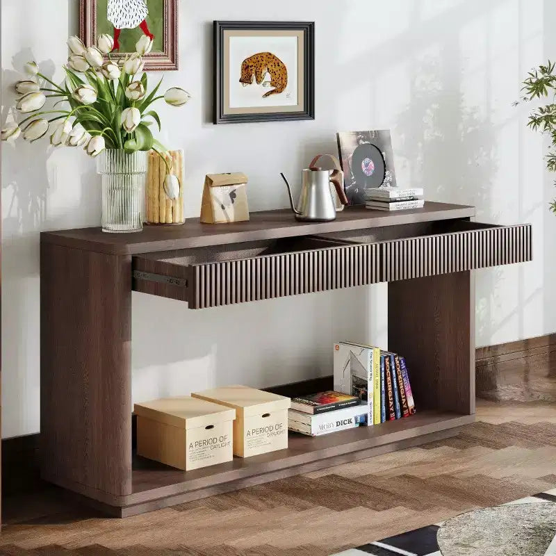 Consolle da 60" stile rustico con 2 cassetti scanalati e ripiano — Nero / Naturale / Noce
