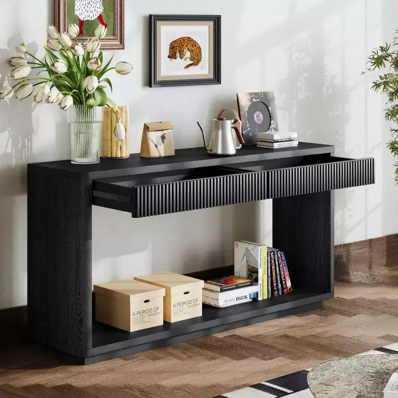 Consolle da 60" stile rustico con 2 cassetti scanalati e ripiano — Nero / Naturale / Noce