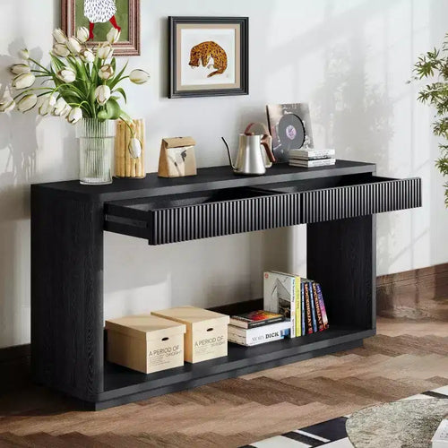 Consolle da 60" stile rustico con 2 cassetti scanalati e ripiano — Nero / Naturale / Noce