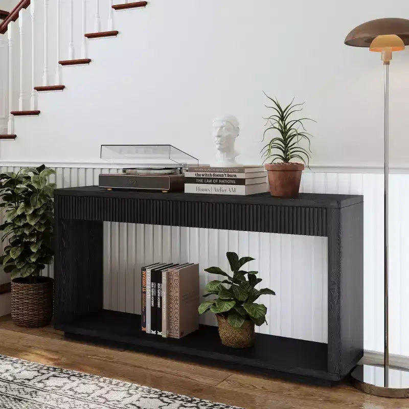 Consolle da 60" stile rustico con 2 cassetti scanalati e ripiano — Nero / Naturale / Noce