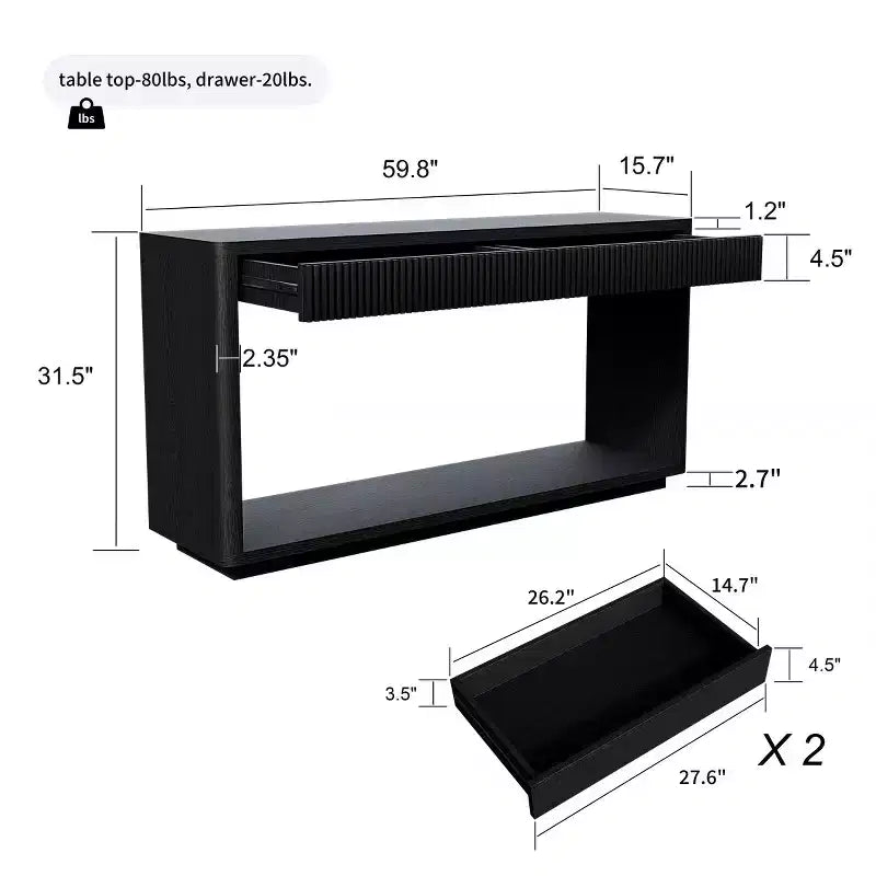 Consolle da 60" stile rustico con 2 cassetti scanalati e ripiano — Nero / Naturale / Noce