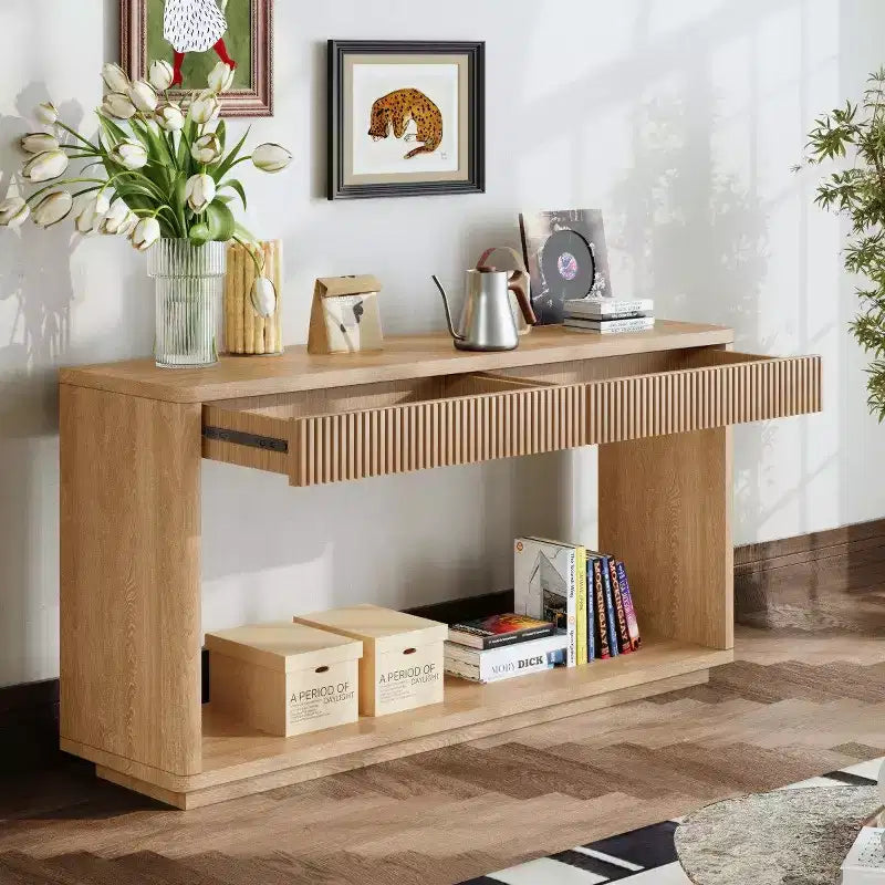 Consolle da 60" stile rustico con 2 cassetti scanalati e ripiano — Nero / Naturale / Noce