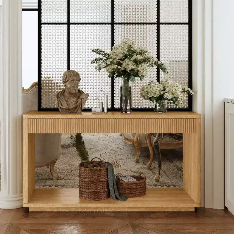 Consolle da 60" stile rustico con 2 cassetti scanalati e ripiano — Nero / Naturale / Noce
