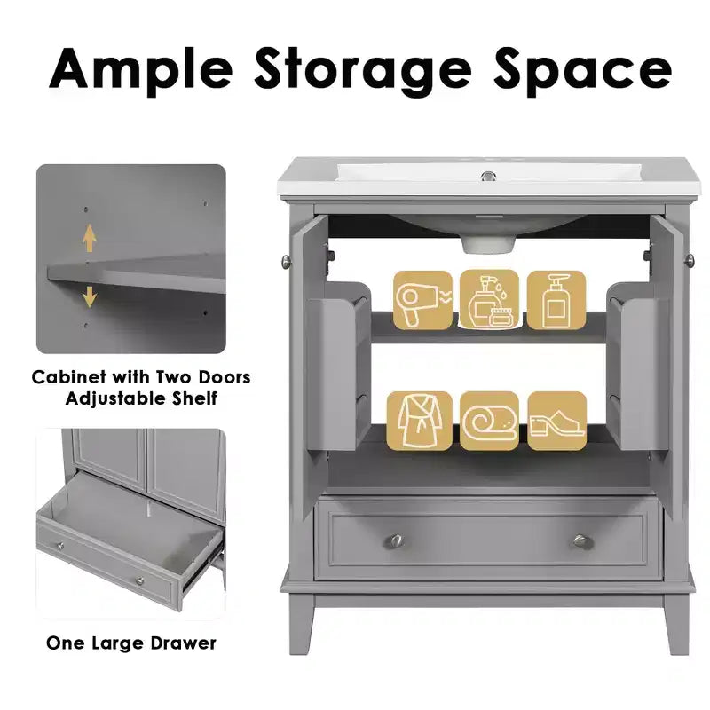 Base per mobile da bagno autoportante da 30" senza lavello – Nero / Grigio / Verde / Bianco, Singolo, con cassetto e ante a battente