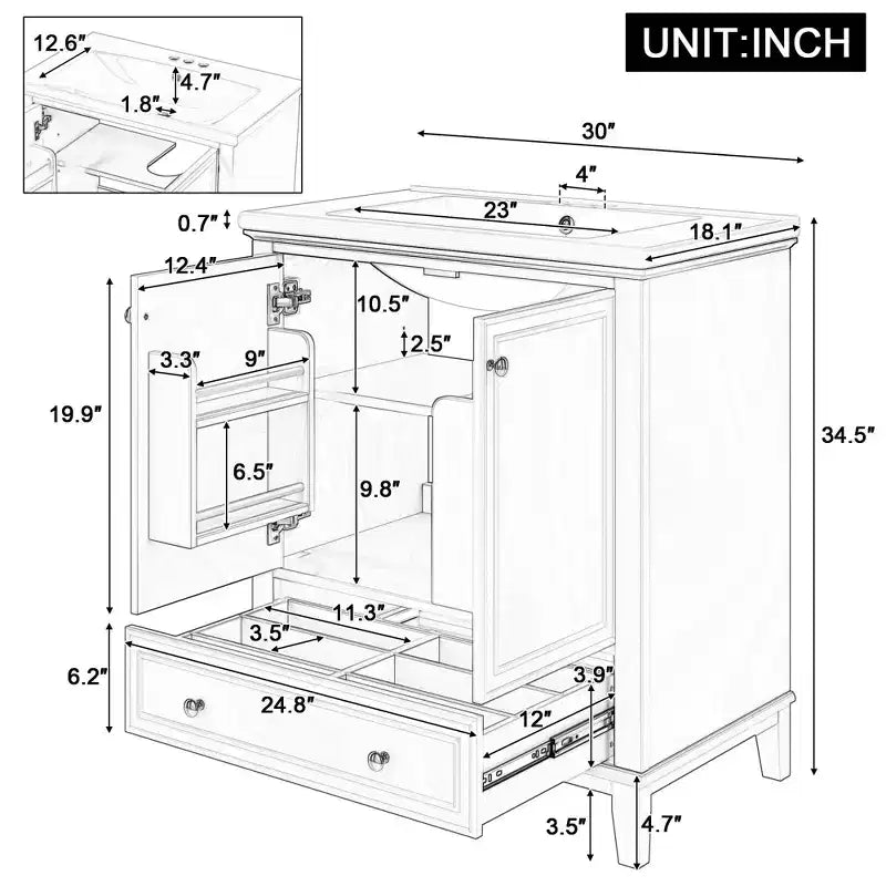 Base per mobile da bagno autoportante da 30" senza lavello – Nero / Grigio / Verde / Bianco, Singolo, con cassetto e ante a battente