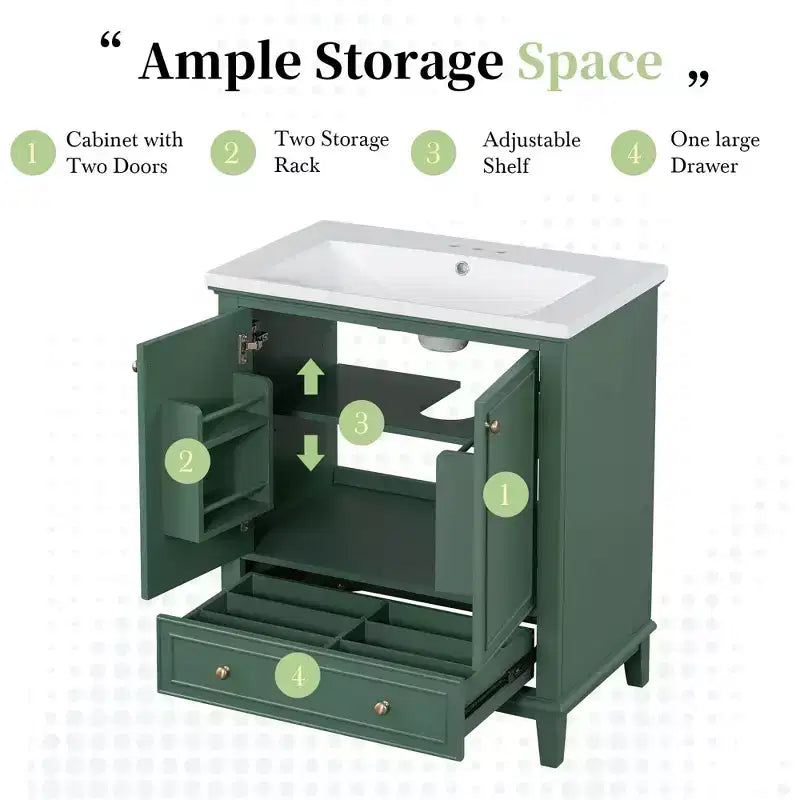 Base per mobile da bagno autoportante da 30" senza lavello – Nero / Grigio / Verde / Bianco, Singolo, con cassetto e ante a battente