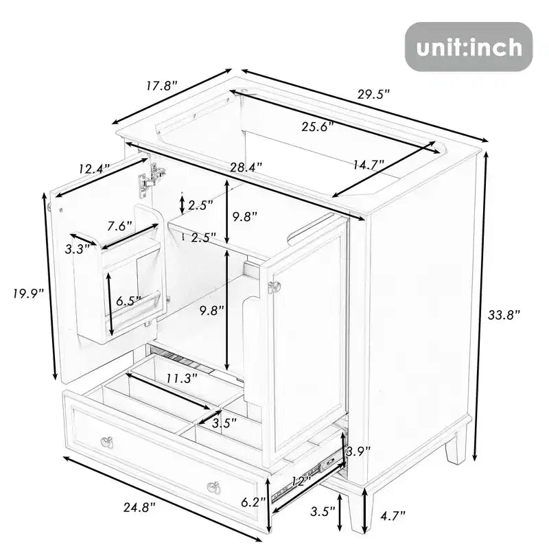 Base per mobile da bagno autoportante da 30" senza lavello – Nero / Grigio / Verde / Bianco, Singolo, con cassetto e ante a battente