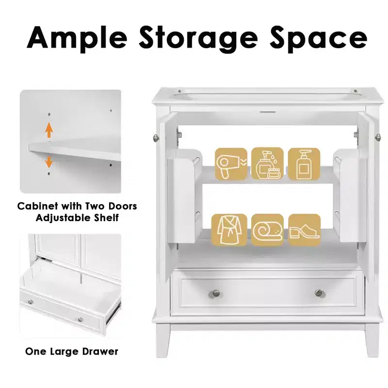 Base per mobile da bagno autoportante da 30" senza lavello – Nero / Grigio / Verde / Bianco, Singolo, con cassetto e ante a battente