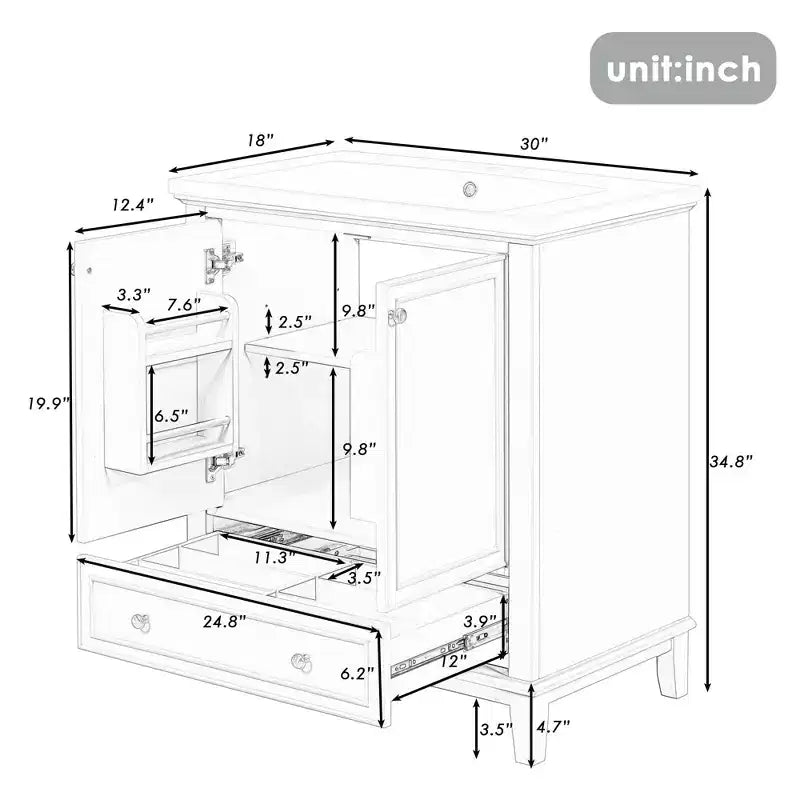 Base per mobile da bagno autoportante da 30" senza lavello – Nero / Grigio / Verde / Bianco, Singolo, con cassetto e ante a battente