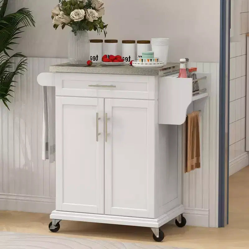 Carrello Isola da Cucina con Ruote – Nero / Bianco Crema / Blu Scuro / Bianco | Piano in Acciaio Inox, Cassetto e Porta Spezie