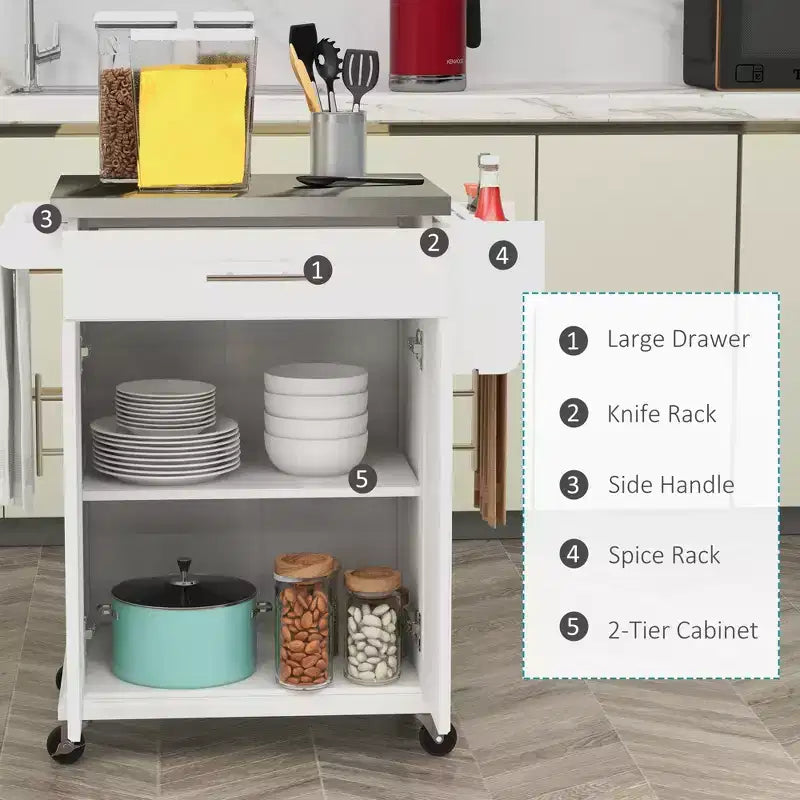 Carrello Isola da Cucina con Ruote – Nero / Bianco Crema / Blu Scuro / Bianco | Piano in Acciaio Inox, Cassetto e Porta Spezie