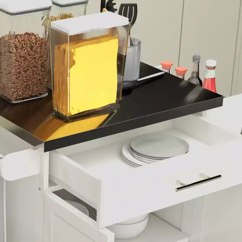Carrello Isola da Cucina con Ruote – Nero / Bianco Crema / Blu Scuro / Bianco | Piano in Acciaio Inox, Cassetto e Porta Spezie