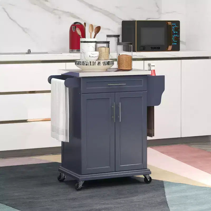 Carrello Isola da Cucina con Ruote – Nero / Bianco Crema / Blu Scuro / Bianco | Piano in Acciaio Inox, Cassetto e Porta Spezie