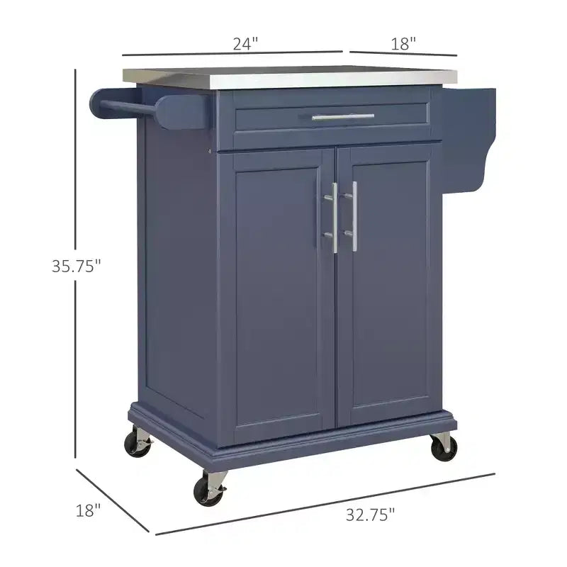 Carrello Isola da Cucina con Ruote – Nero / Bianco Crema / Blu Scuro / Bianco | Piano in Acciaio Inox, Cassetto e Porta Spezie