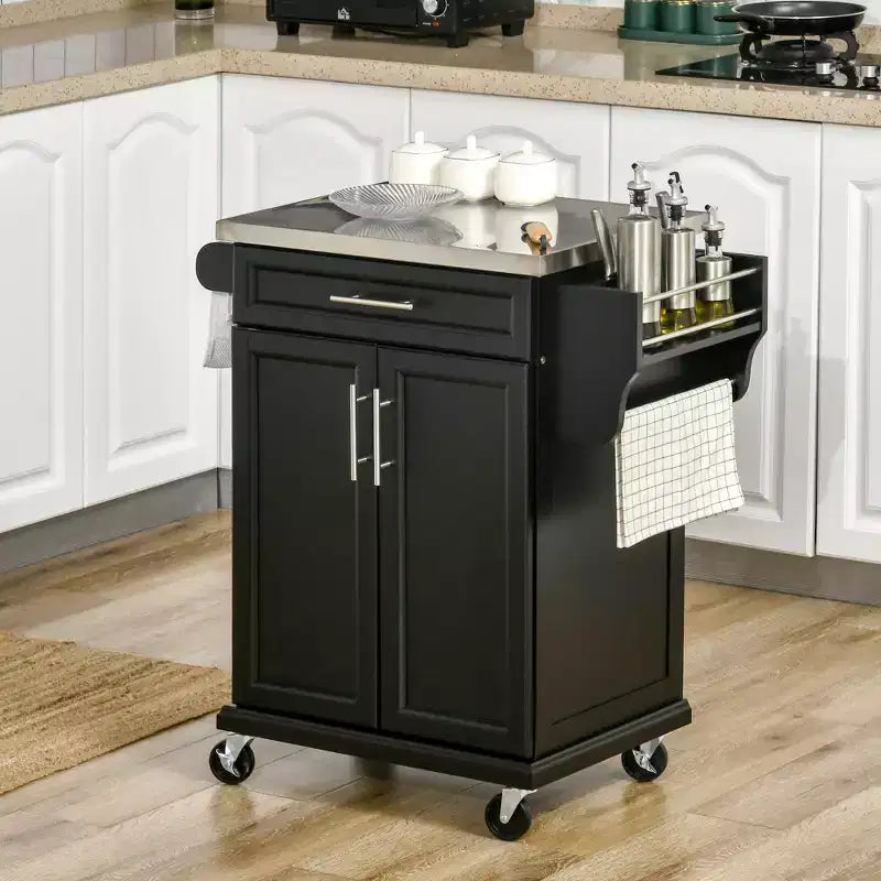 Carrello Isola da Cucina con Ruote – Nero / Bianco Crema / Blu Scuro / Bianco | Piano in Acciaio Inox, Cassetto e Porta Spezie