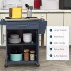 Carrello Isola da Cucina con Ruote – Nero / Bianco Crema / Blu Scuro / Bianco | Piano in Acciaio Inox, Cassetto e Porta Spezie