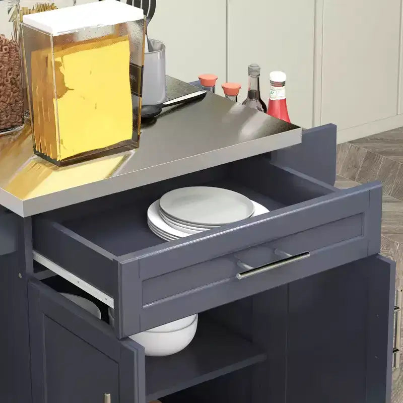 Carrello Isola da Cucina con Ruote – Nero / Bianco Crema / Blu Scuro / Bianco | Piano in Acciaio Inox, Cassetto e Porta Spezie