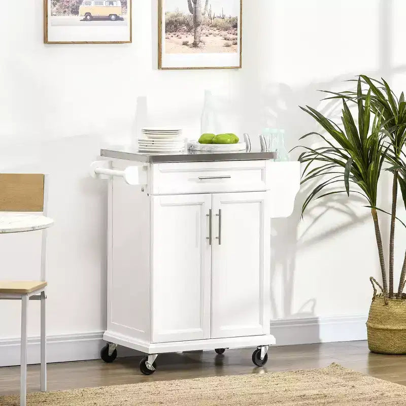 Carrello Isola da Cucina con Ruote – Nero / Bianco Crema / Blu Scuro / Bianco | Piano in Acciaio Inox, Cassetto e Porta Spezie