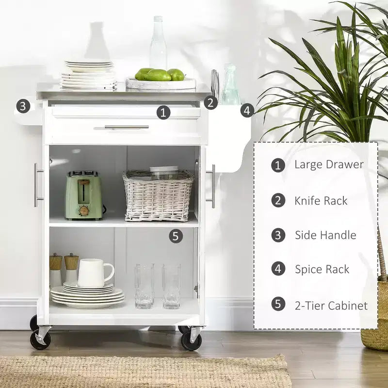 Carrello Isola da Cucina con Ruote – Nero / Bianco Crema / Blu Scuro / Bianco | Piano in Acciaio Inox, Cassetto e Porta Spezie
