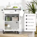 Carrello Isola da Cucina con Ruote – Nero / Bianco Crema / Blu Scuro / Bianco | Piano in Acciaio Inox, Cassetto e Porta Spezie