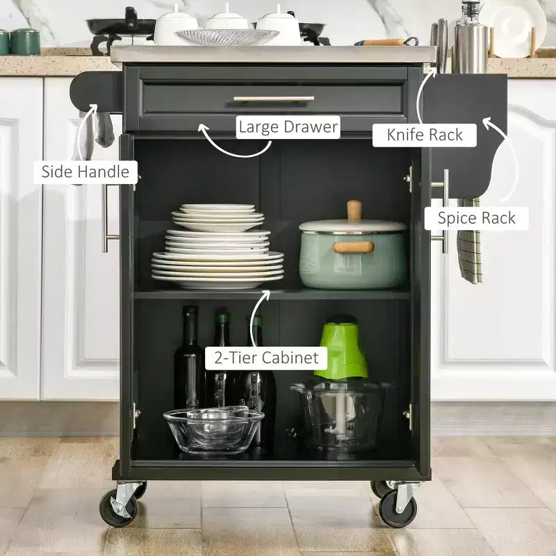 Carrello Isola da Cucina con Ruote – Nero / Bianco Crema / Blu Scuro / Bianco | Piano in Acciaio Inox, Cassetto e Porta Spezie