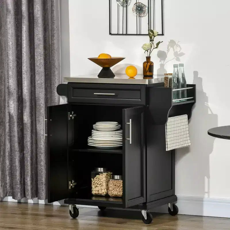 Carrello Isola da Cucina con Ruote – Nero / Bianco Crema / Blu Scuro / Bianco | Piano in Acciaio Inox, Cassetto e Porta Spezie