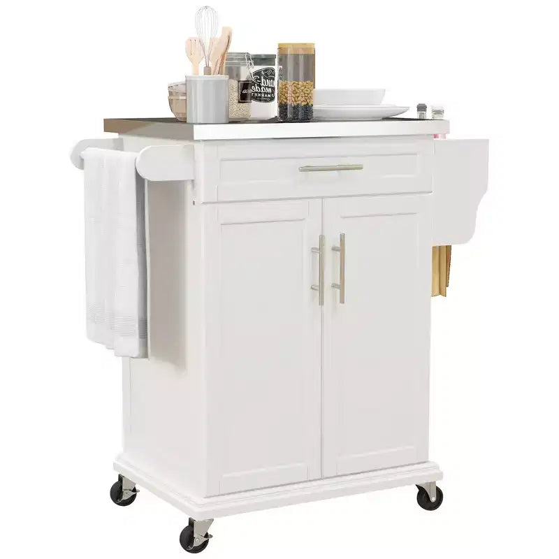 Carrello Isola da Cucina con Ruote – Nero / Bianco Crema / Blu Scuro / Bianco | Piano in Acciaio Inox, Cassetto e Porta Spezie