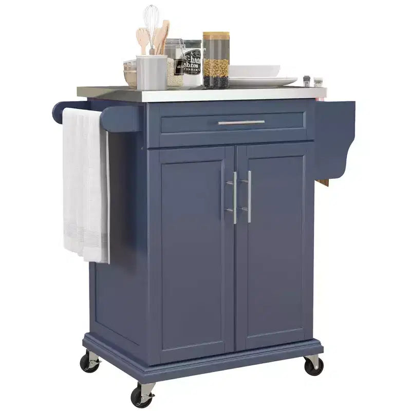 Carrello Isola da Cucina con Ruote – Nero / Bianco Crema / Blu Scuro / Bianco | Piano in Acciaio Inox, Cassetto e Porta Spezie