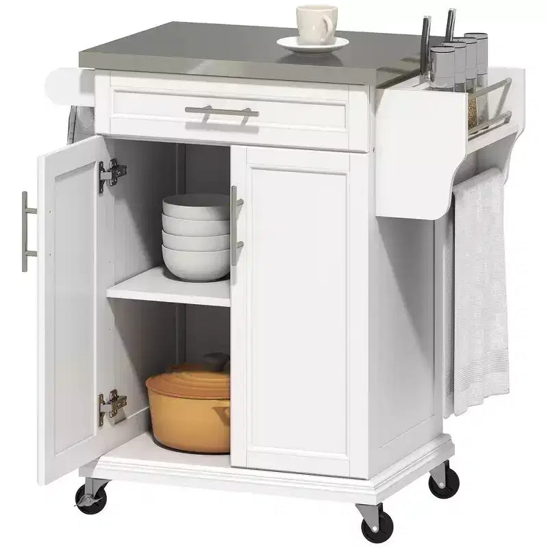 Carrello Isola da Cucina con Ruote – Nero / Bianco Crema / Blu Scuro / Bianco | Piano in Acciaio Inox, Cassetto e Porta Spezie
