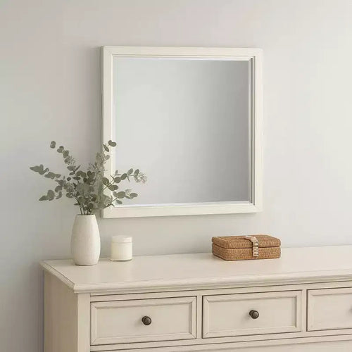 Royal Hampton Dresser Mirror, Beveled Glass, Antique White Finished Solid Wood, 38 Inch