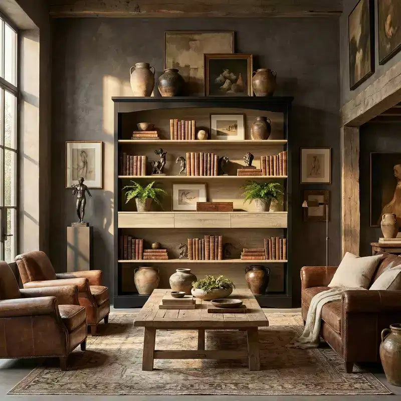 Libreria aperta a 5 ripiani con 3 cassetti, rovere nero e chiaro – Uso per adulti