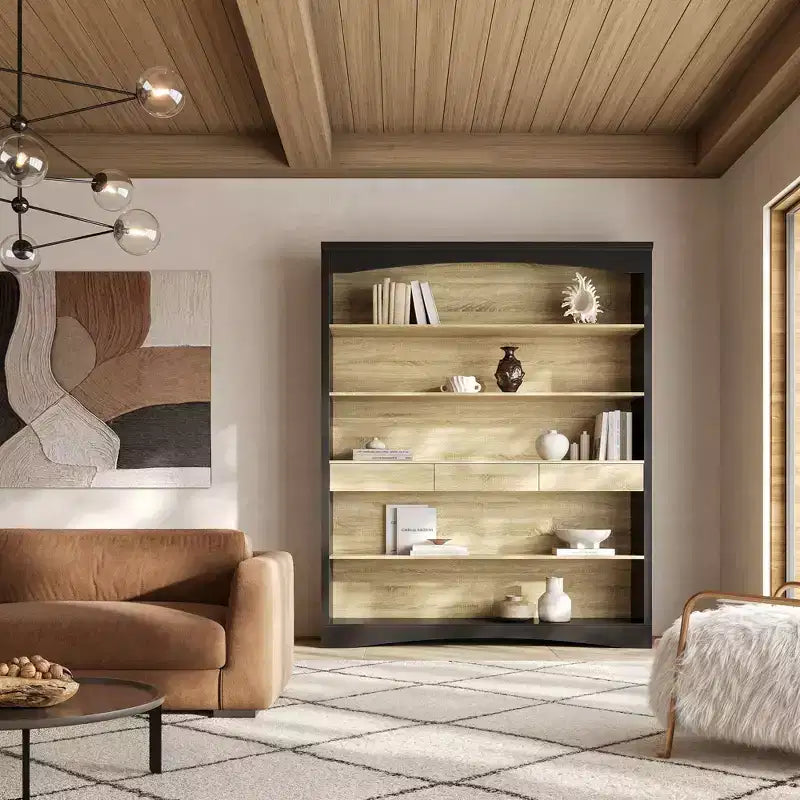 Libreria aperta a 5 ripiani con 3 cassetti, rovere nero e chiaro – Uso per adulti